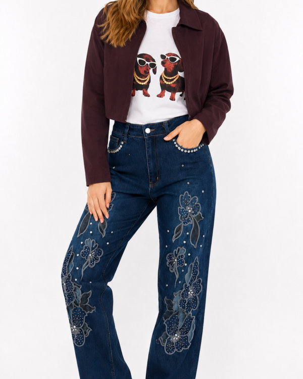 JEAN WID LEG STRASS FLORES - A25R21