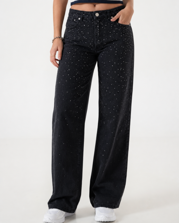 JEAN BLACK WID LEG STRASS - A25R10