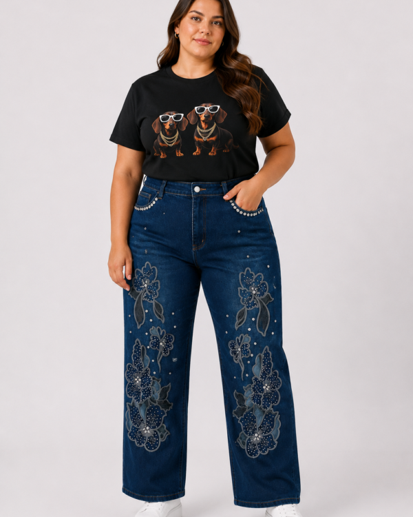 JEAN WID LEG STRASS FLORES - A25R21 PLUS SIZE